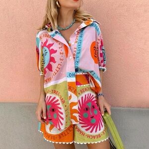 Colorful Graphic Button-Up Shirt and Shorts Set